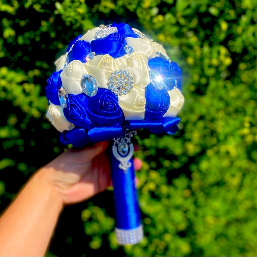Royal Blue White Brooch Rhinestone Bouquet, Bridal Prom